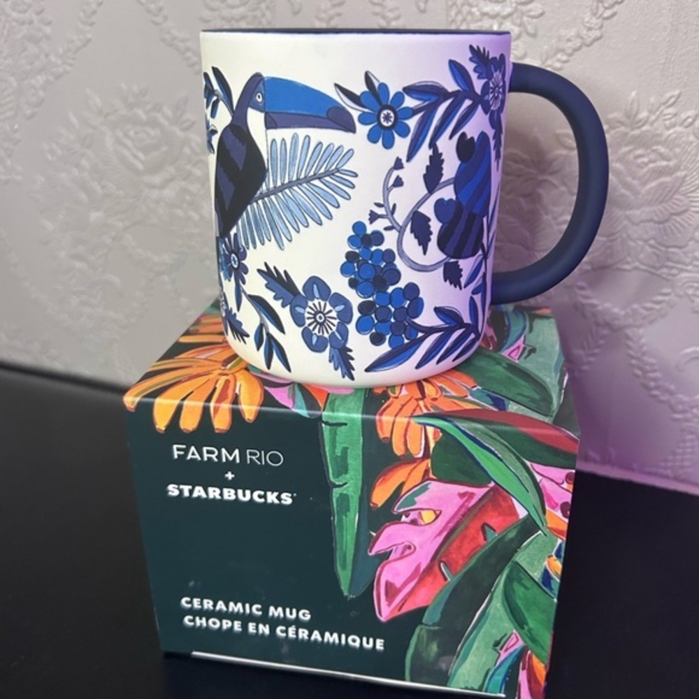 Starbucks Blue Floral Toucan Ceramic Mug New Farm Rio NWT
